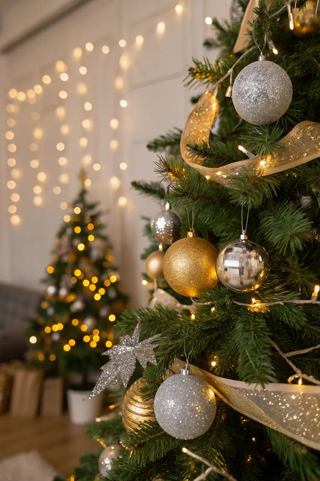 An opulent Christmas tree showcasing gilded and argent highlights that radiate exquisitely.