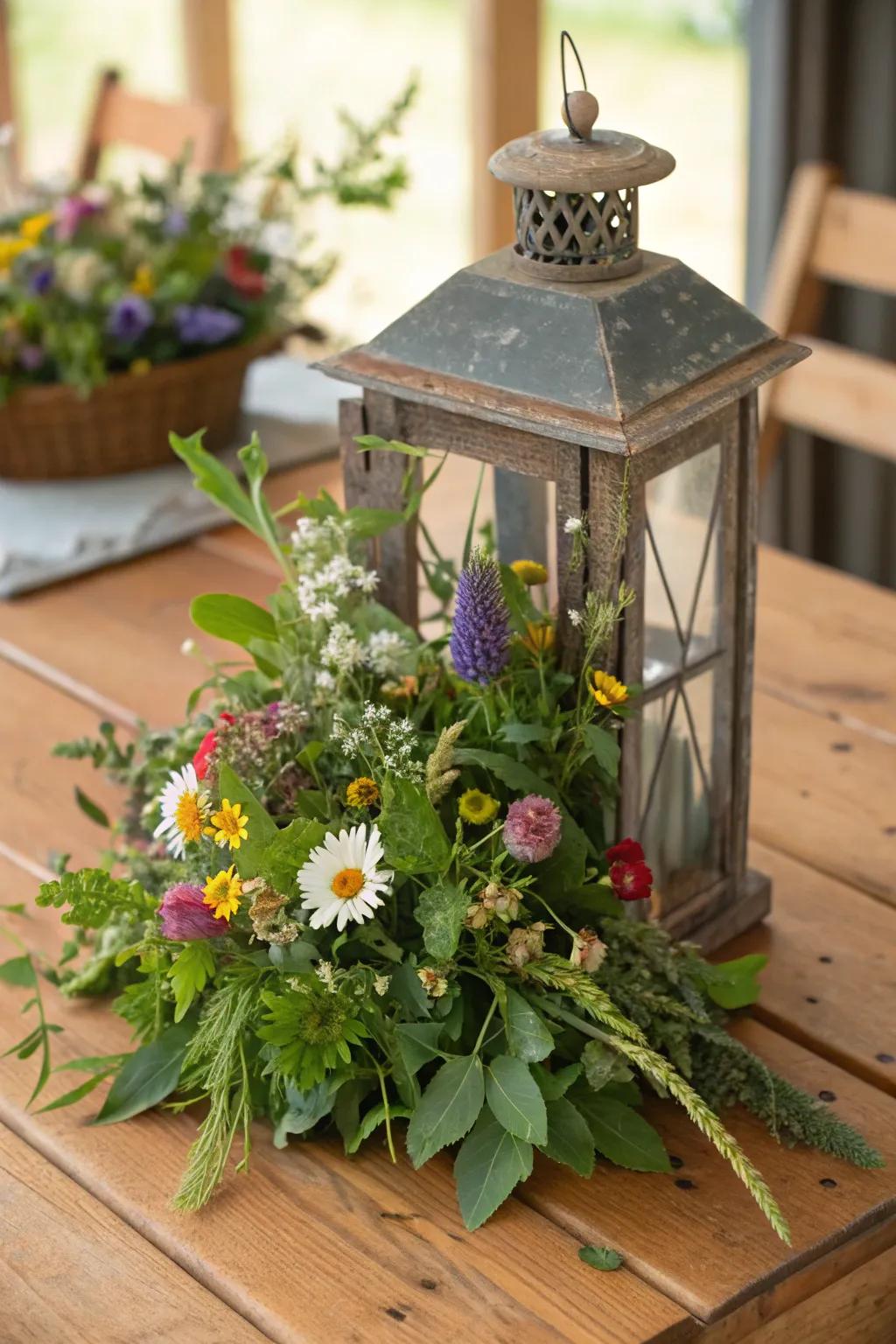 Rustic appeal achieved with wildflowers arranged in a vintage lantern.