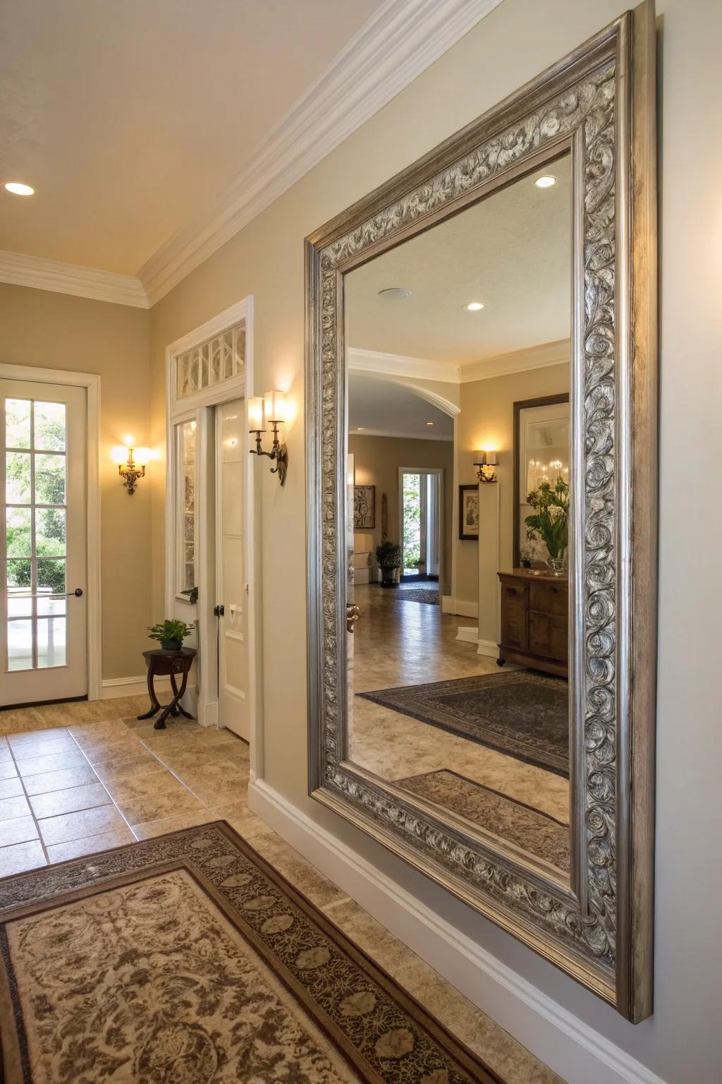 A large mirror in the entryway illuminates the space and gives an impression of spaciousness.