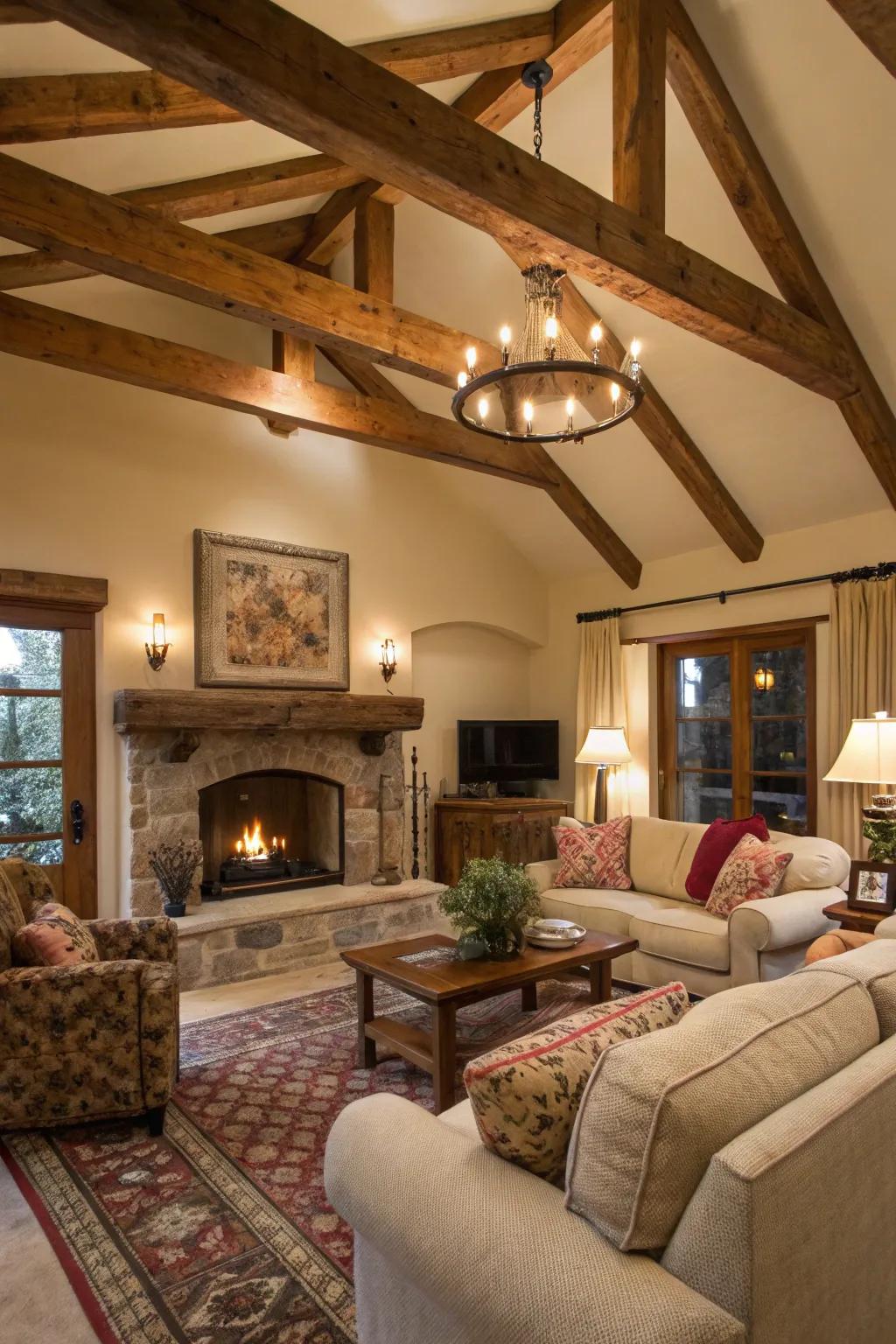 A cozy living space with rustic wood details highlighting the ceiling.