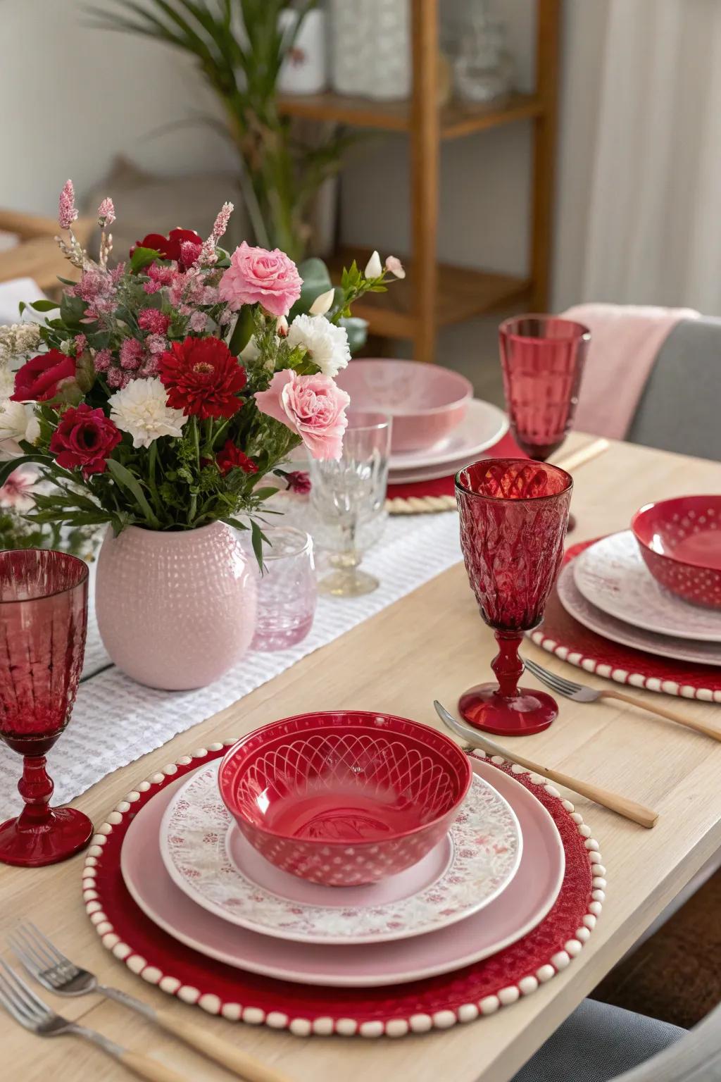 A table wonderfully arranged, prepared for a Valentine's Day feast.