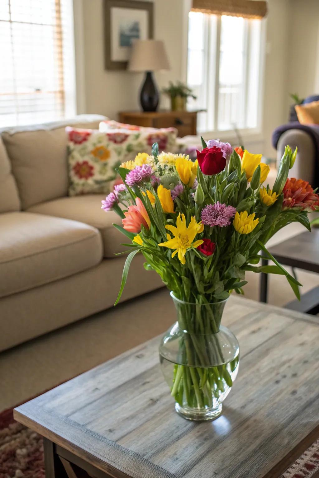 A vase filled with fresh spring botanicals brightens the coffee table.