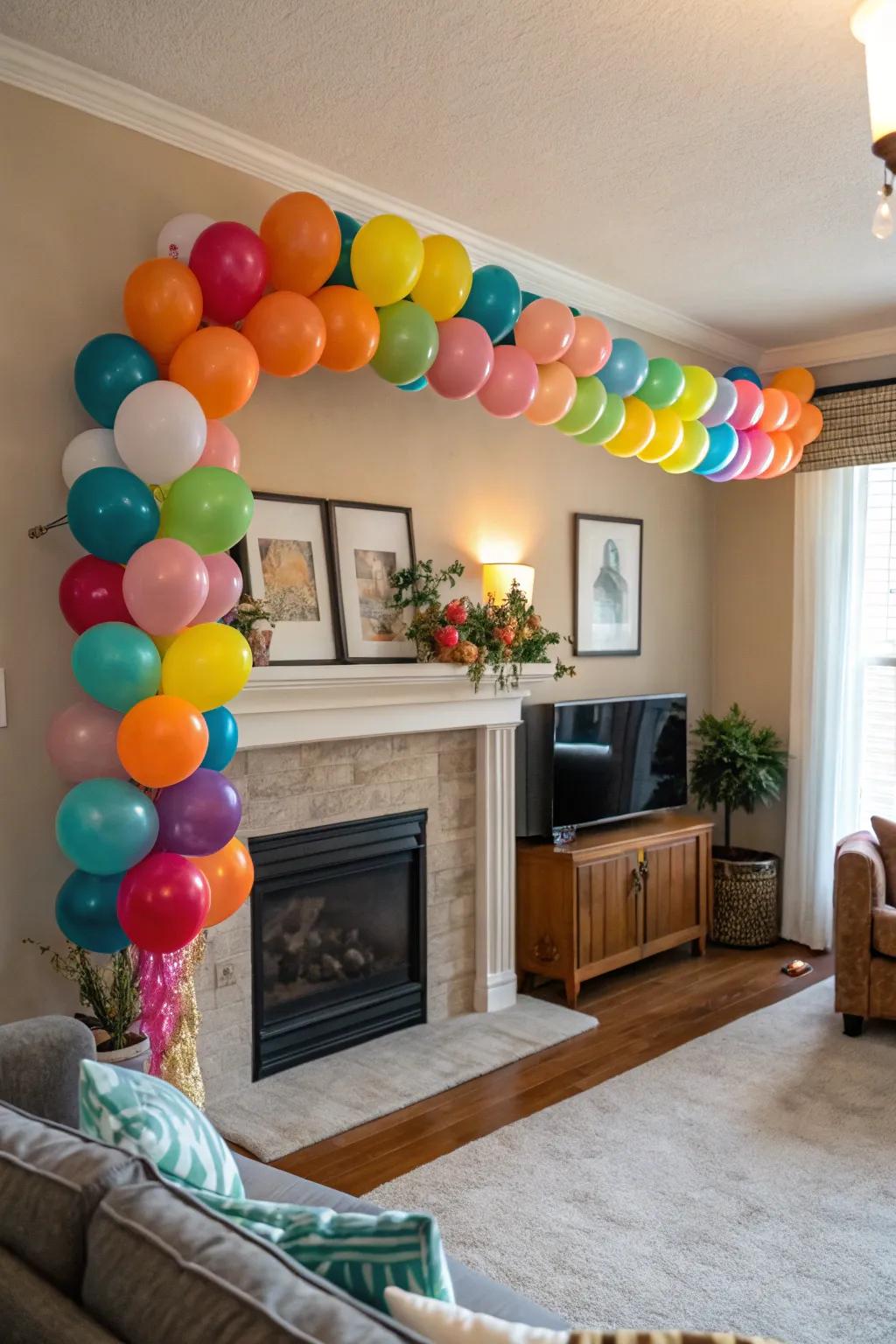 A lively balloon garland is gracefully arranged across a mantel, contributing a whimsical element to the living space.