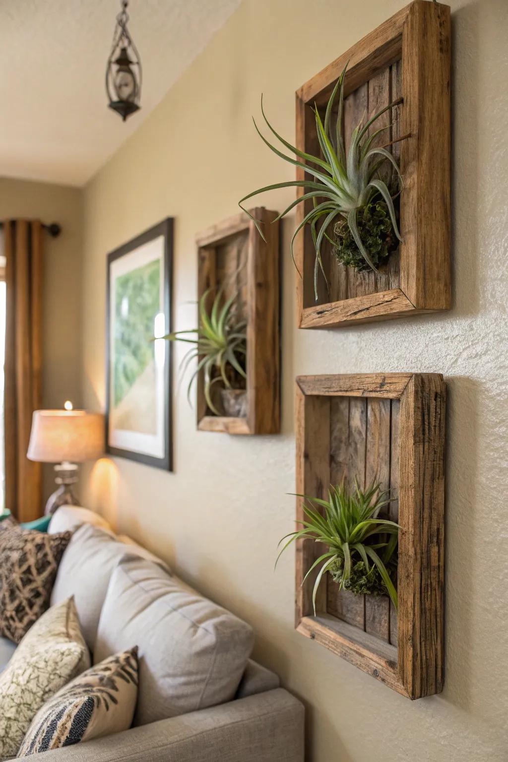 Air plants displayed on natural wooden frames provide a natural touch.
