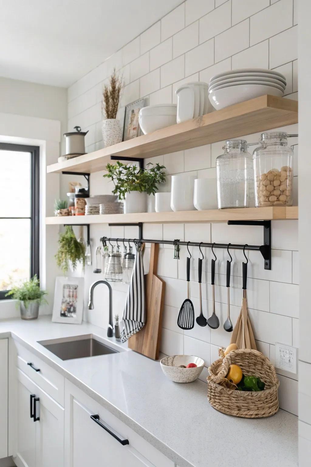 A neatly arranged kitchen equipped with vertical storage options.