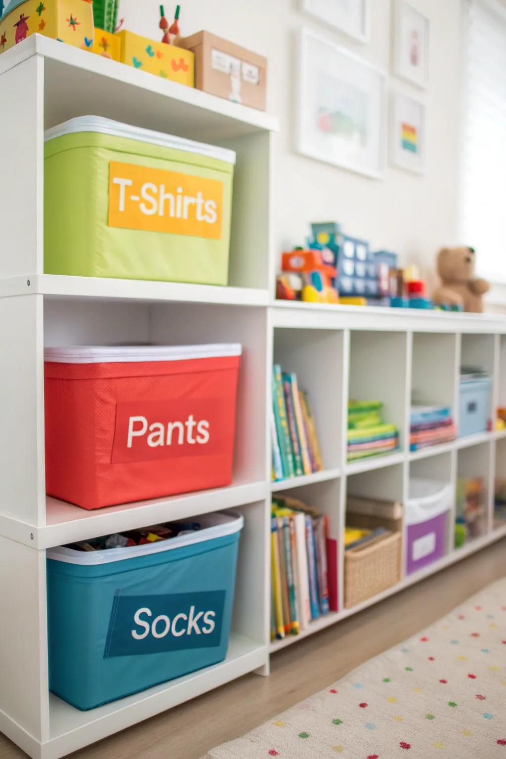 Clearly marked containers simplify the task of organizing kids' clothes.