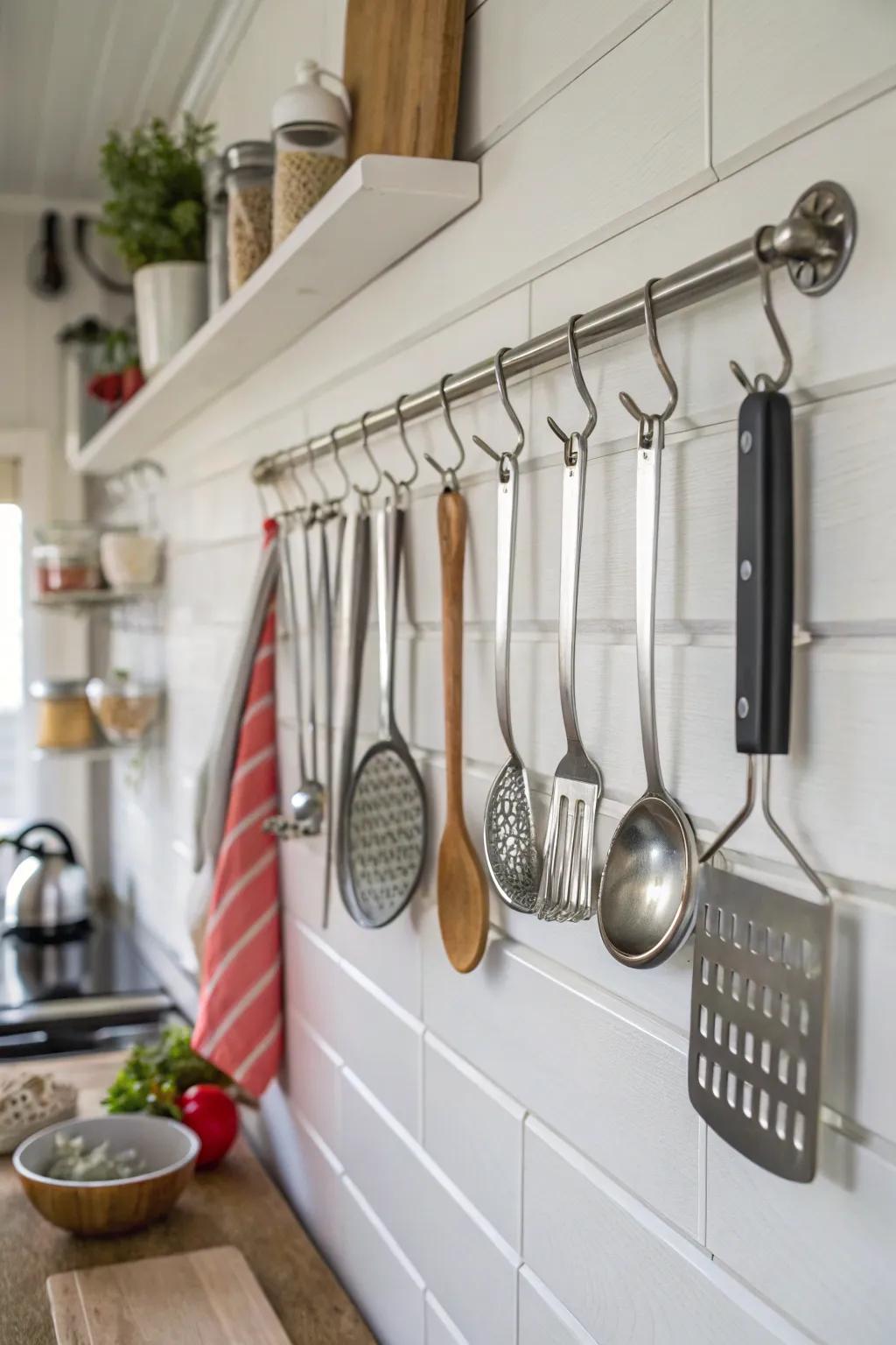 Utensils attractively displayed on wall hooks for easy access.