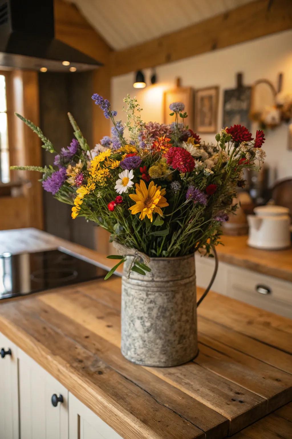 A down-to-earth metallic bloom holder showcasing an array of radiant untamed blossoms.