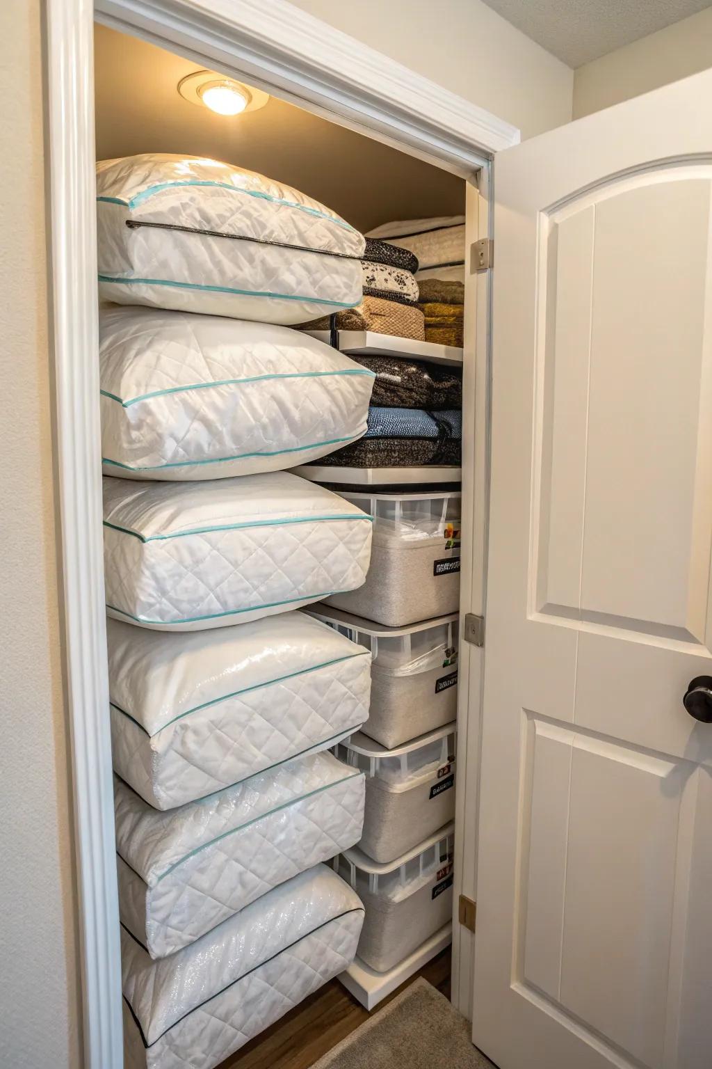Vacuum-sealed bags storing comforters in a compact closet.