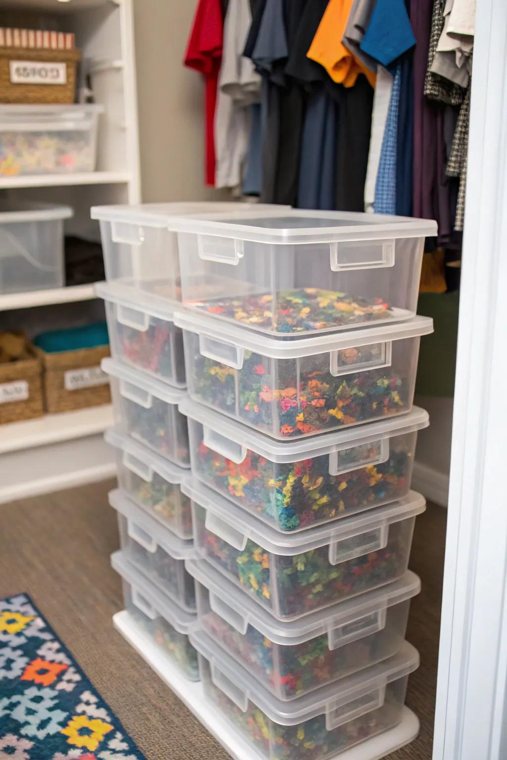 Clear bins showing their puzzle collections.