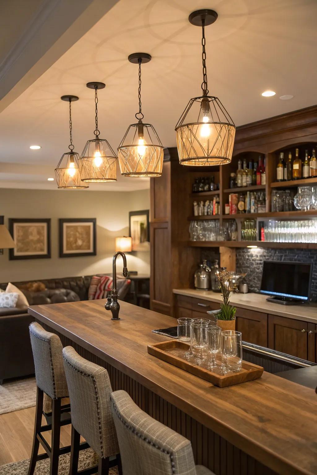 Drop lights create the ideal atmosphere for your home bar.