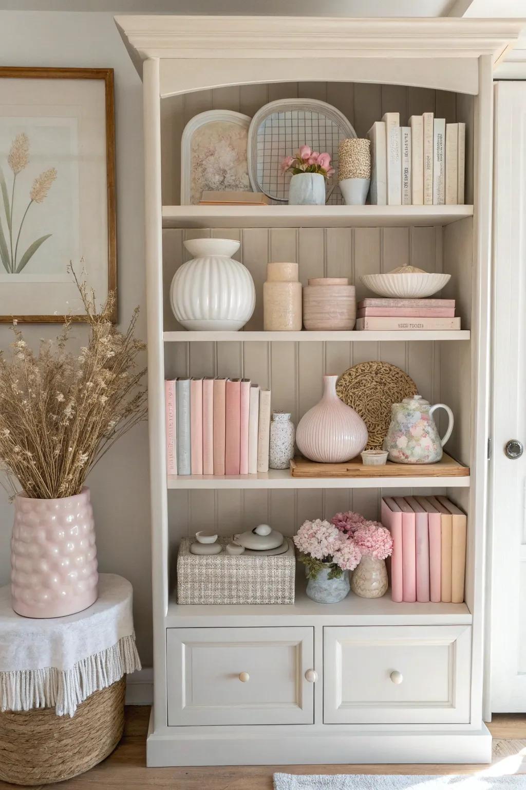 A peaceful cabinet styled with soothing neutral shades.