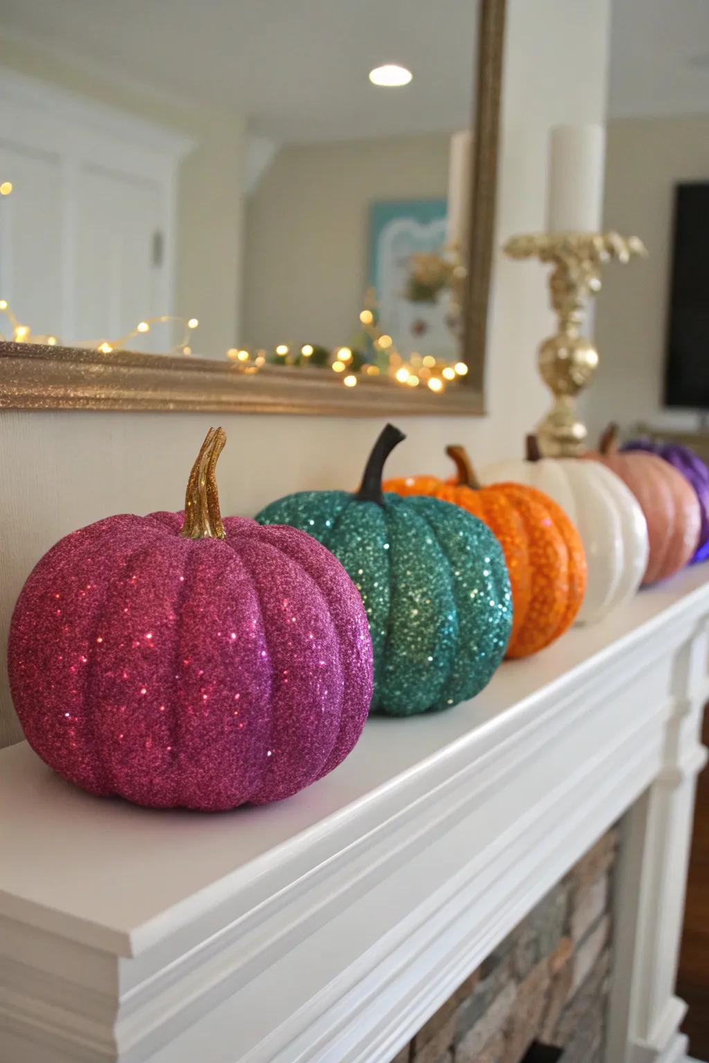 Glitter pumpkins lending sparkle and allure to any environment.