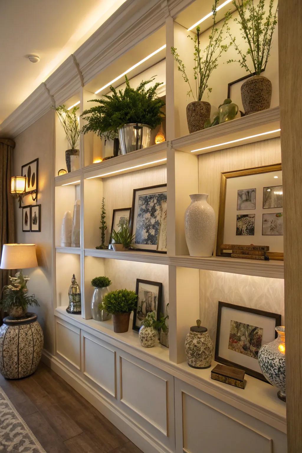 Show off your personal style with in-wall shelves displaying your favorite decor.