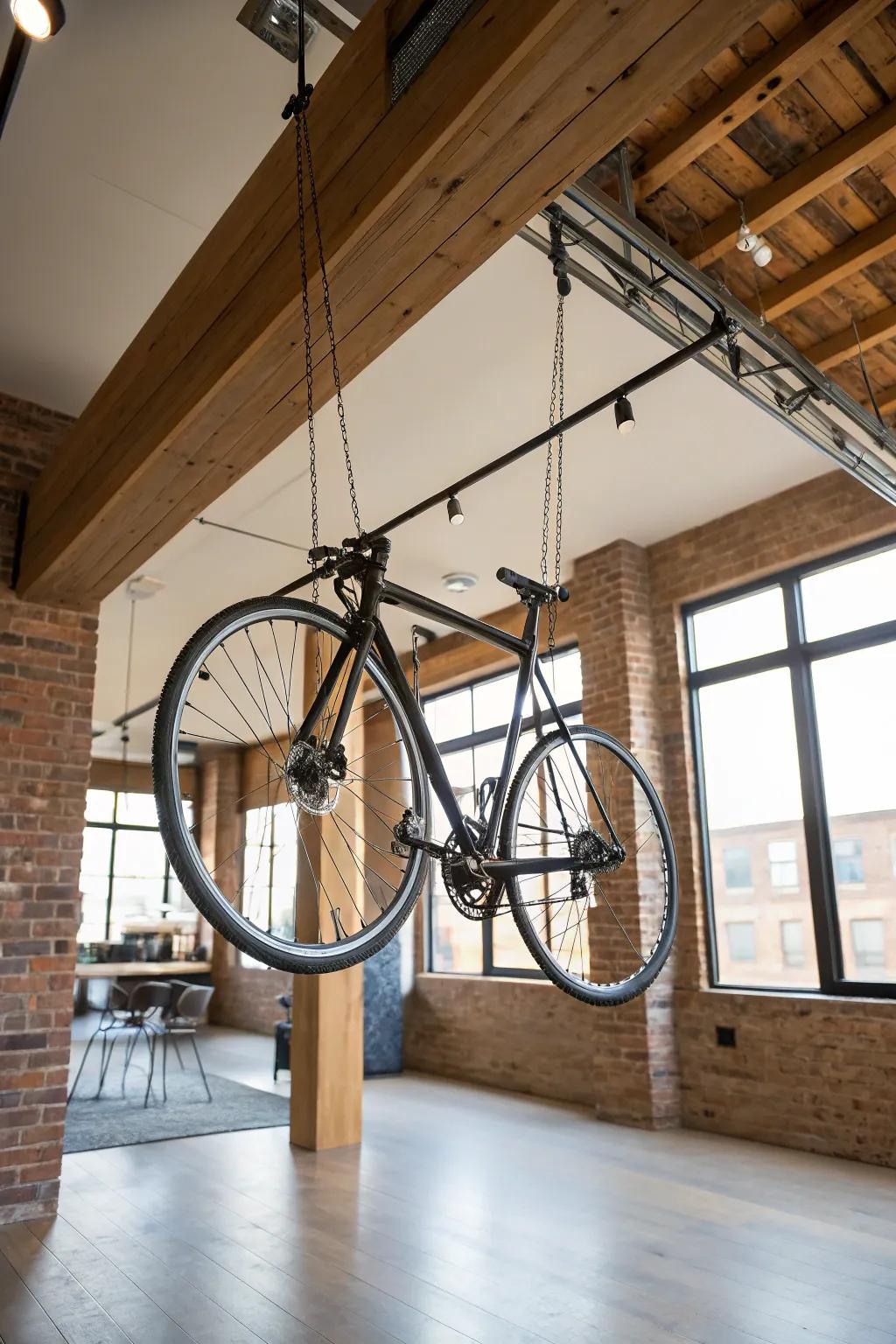A ceiling pulley system keeps your bike up and out of the way.