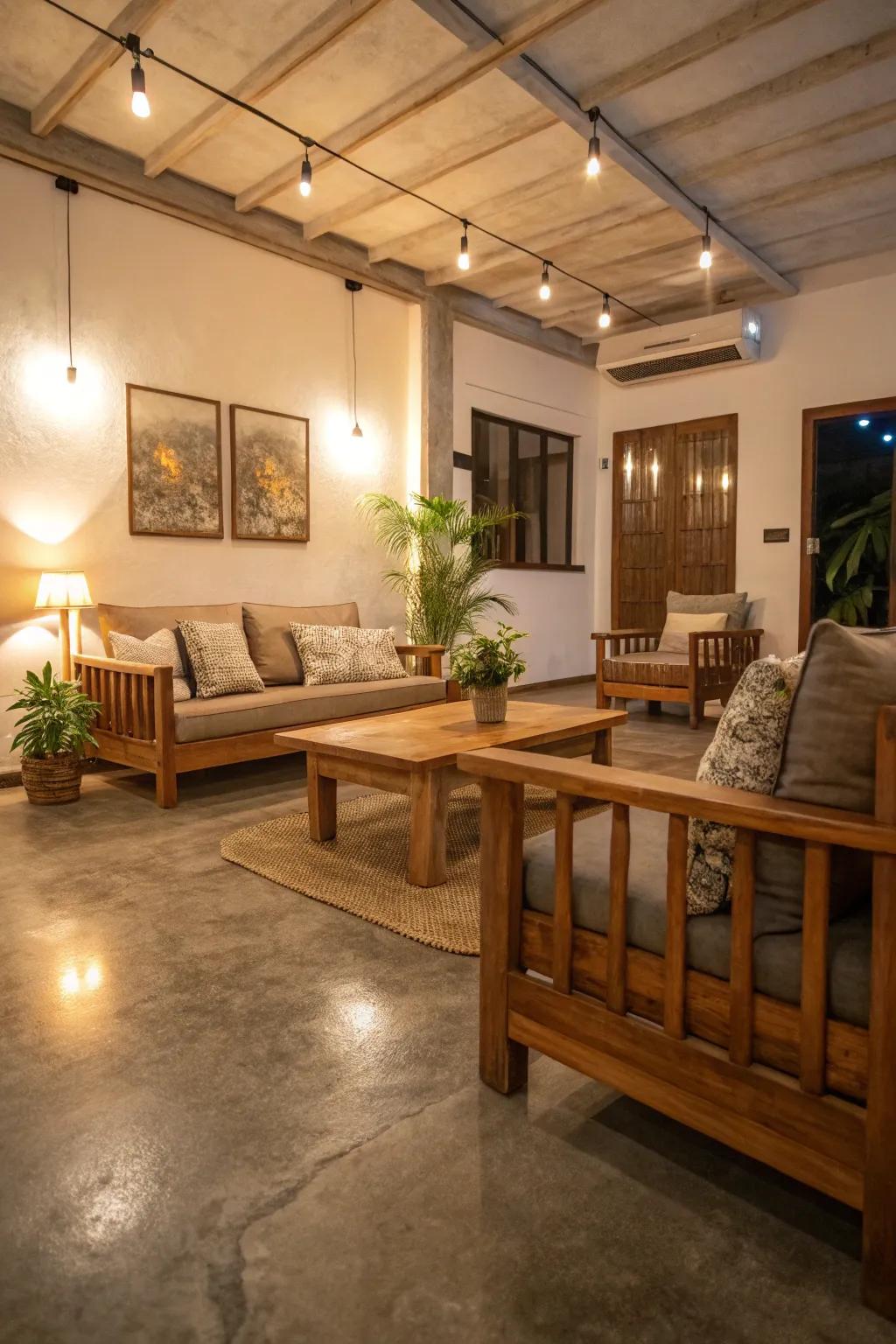 Wood details add a welcoming touch to concrete floors.