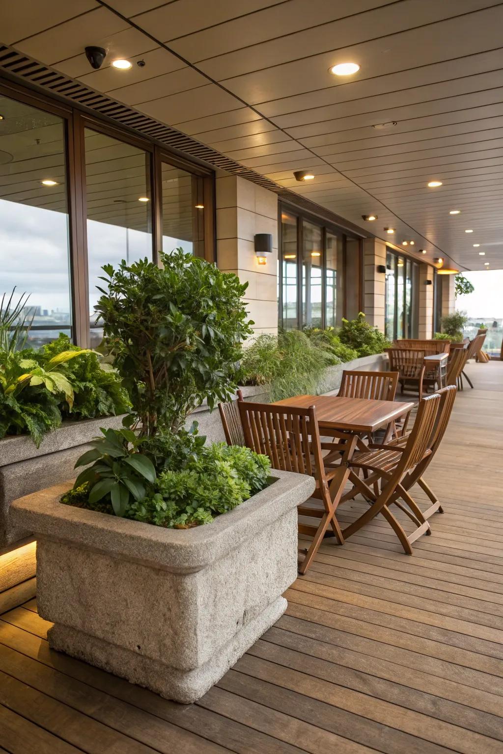 Timber and rock components seamlessly integrate a natural essence into this indoor deck.