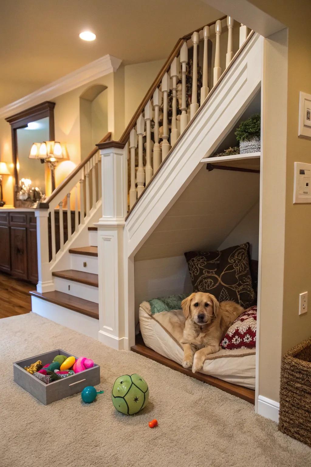 A clandestine sanctuary located under the staircase for your cherished pet.