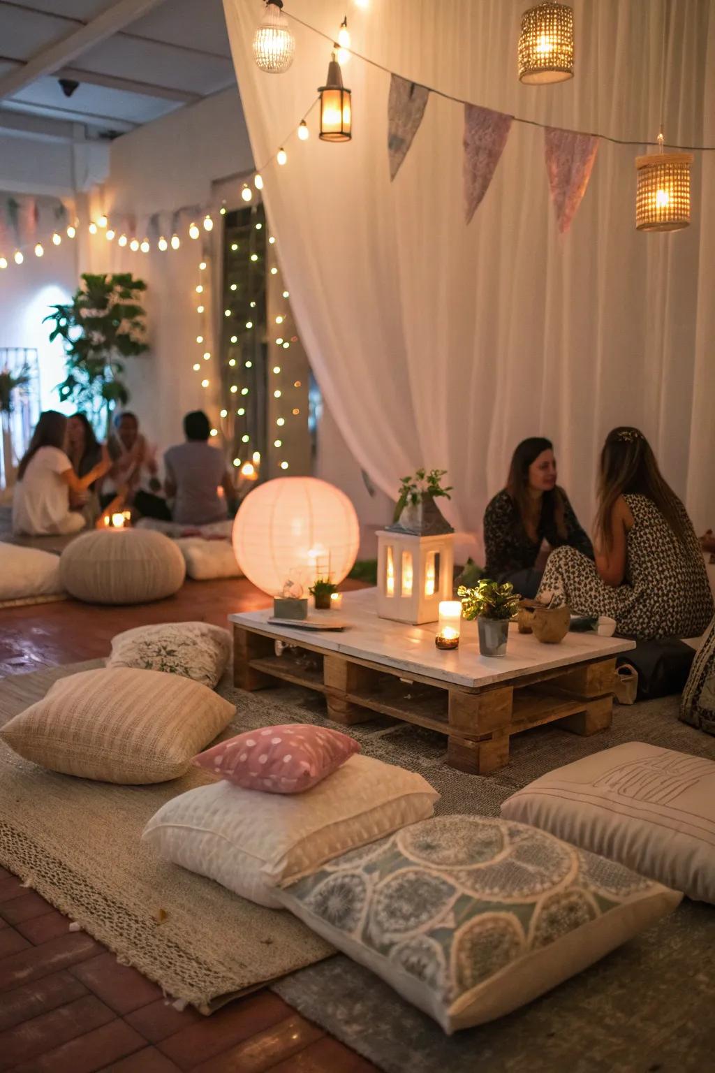 A close gathering with floor seating and gentle lighting.
