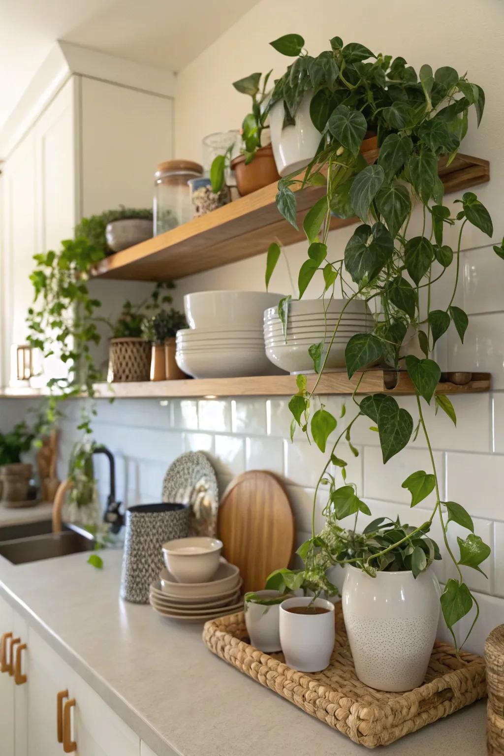 Enhance shelves with the sophistication of draping heartleaf philodendrons.