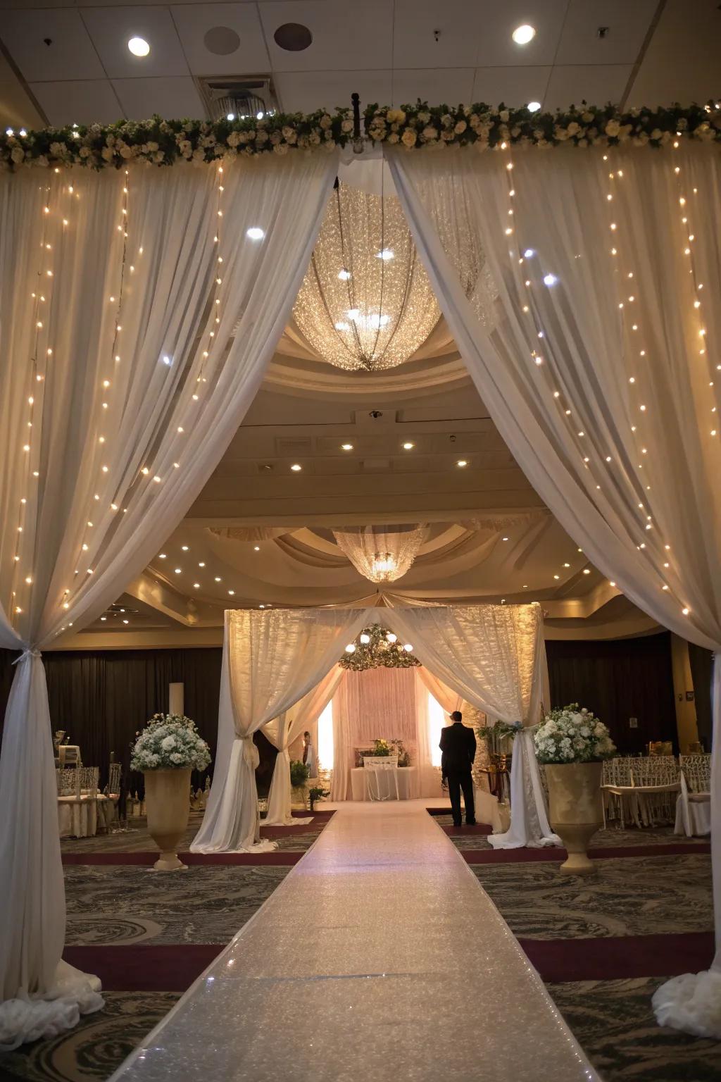 Soft fabrics and lights creating a romantic wedding setting.