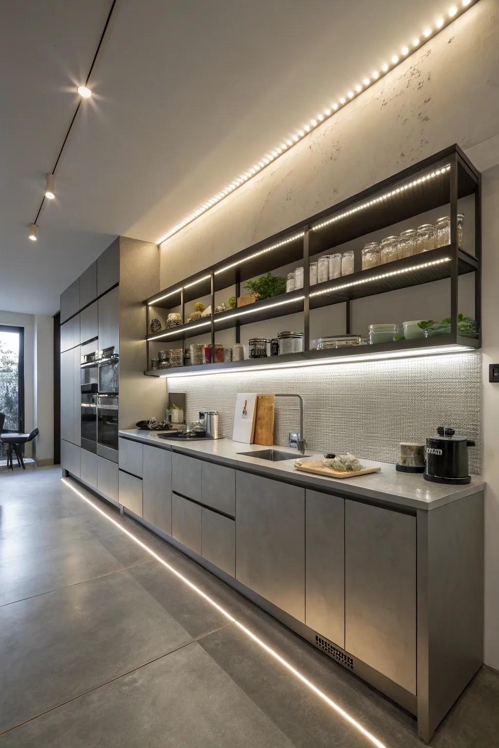 Factory-inspired kitchen featuring prominent LED strip lighting