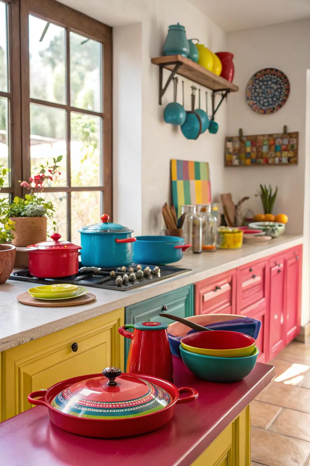 Vibrantly painted worktops introduce a striking element to any kitchen.