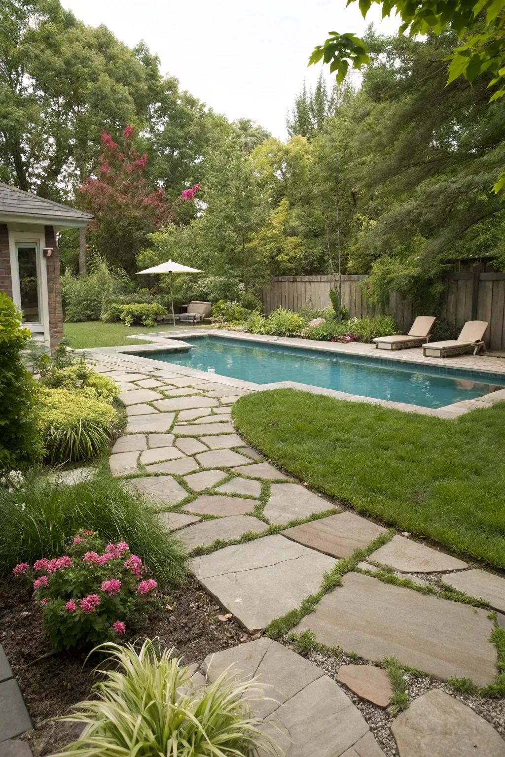 Stone walkways provide an elegant path to the pool.