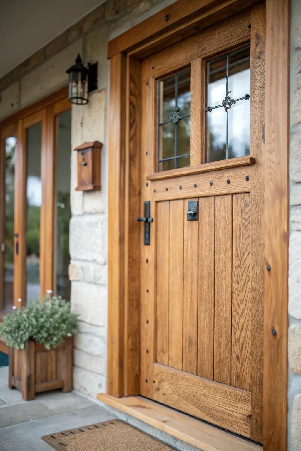Wood details create a warm, rustic ambiance at this entryway.