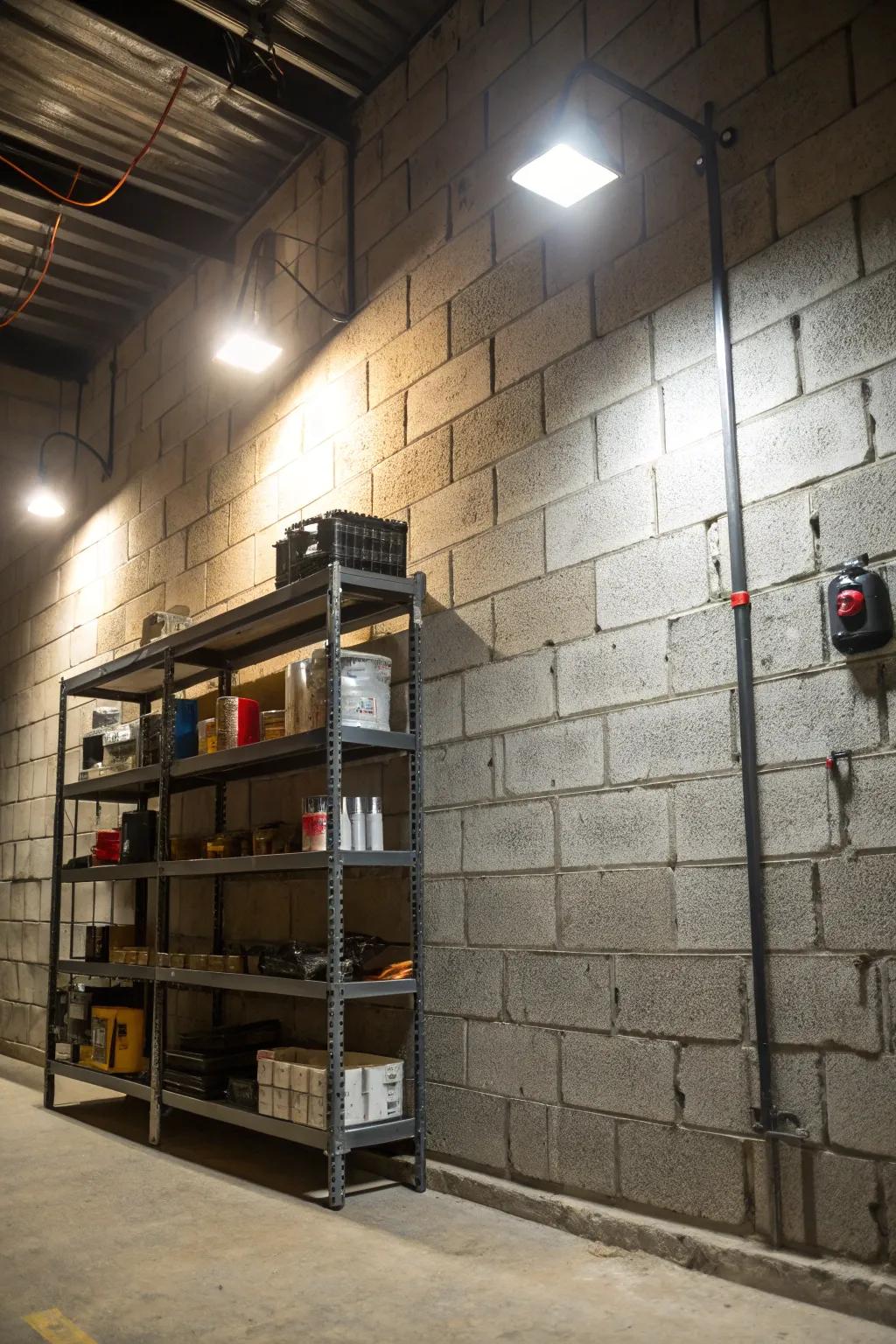 Metal accents enhance a concrete block wall with industrial charm.