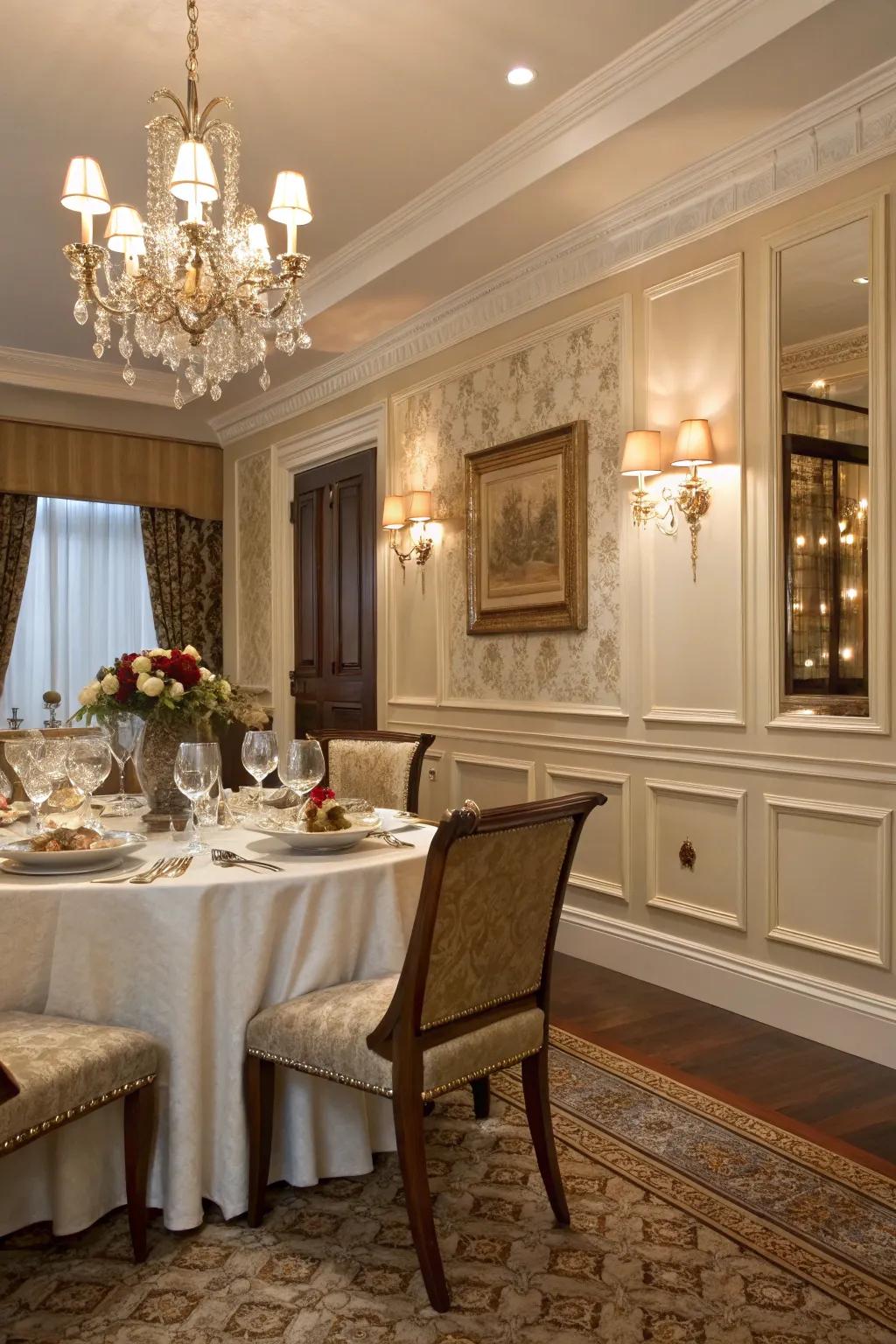 An elegant dining space featuring wainscoting for added sophistication.