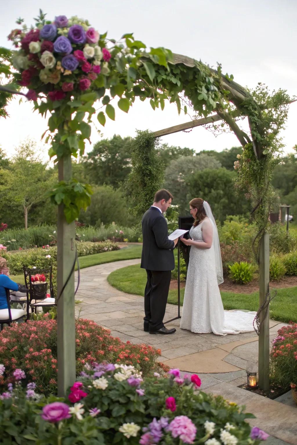 The wedding service occurs before a verdant garden landscape.