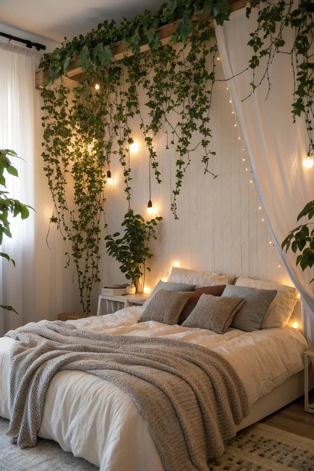 A bedroom featuring an ivy-covered wall, adding a touch of nature and tranquility.