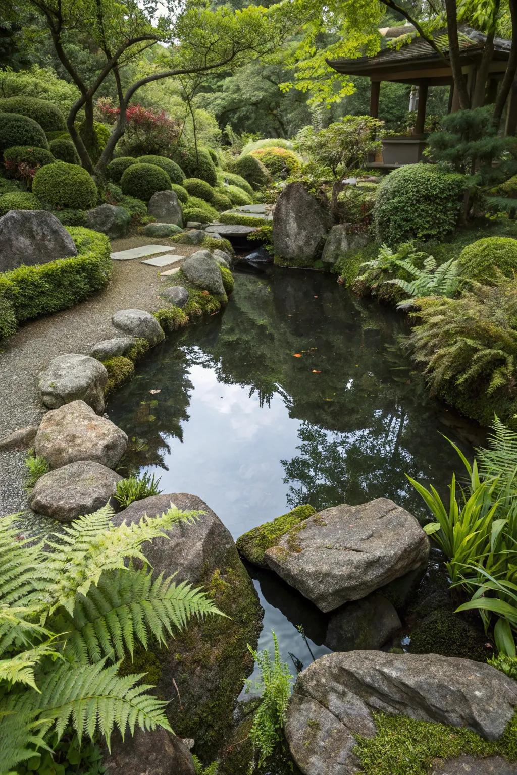 A peaceful pond settled within a Japanese garden.
