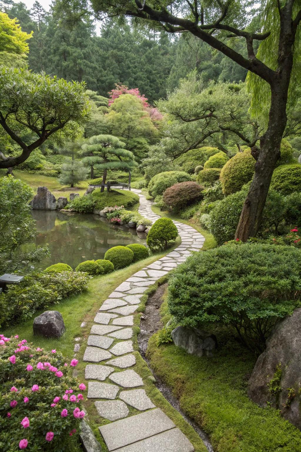 Stone pathways flow through abundant foliage in a Japanese garden.