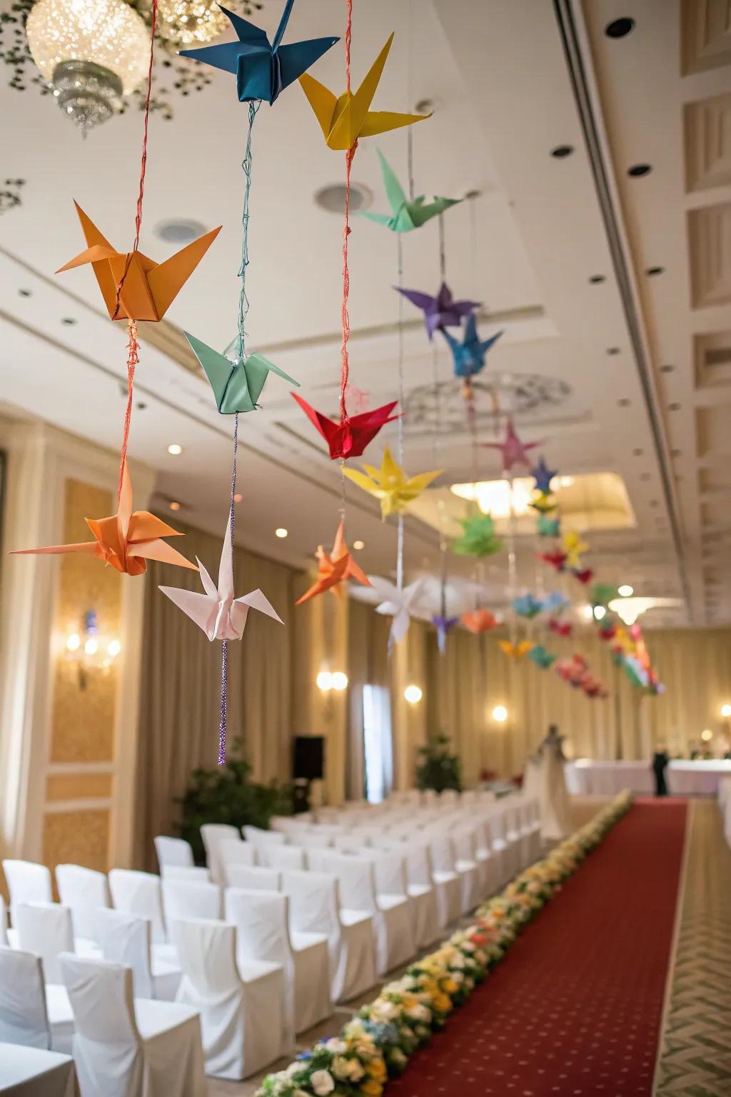 Folded paper bird garlands represent happiness.