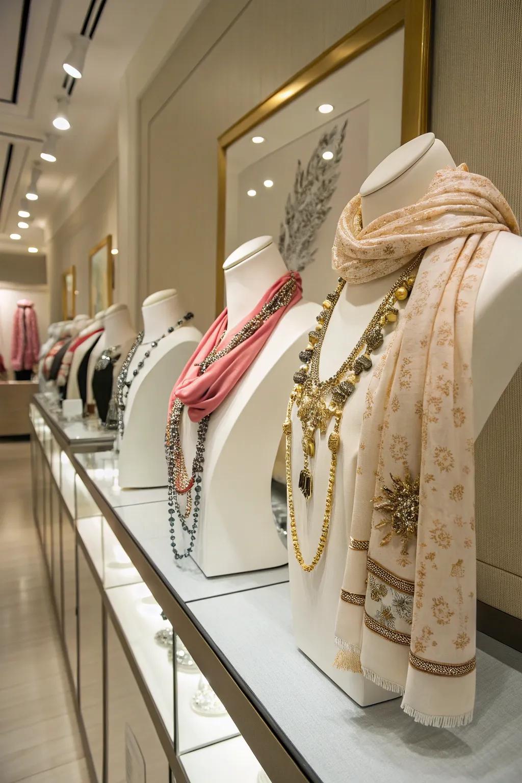 Mannequin busts add life to jewelry showcases.