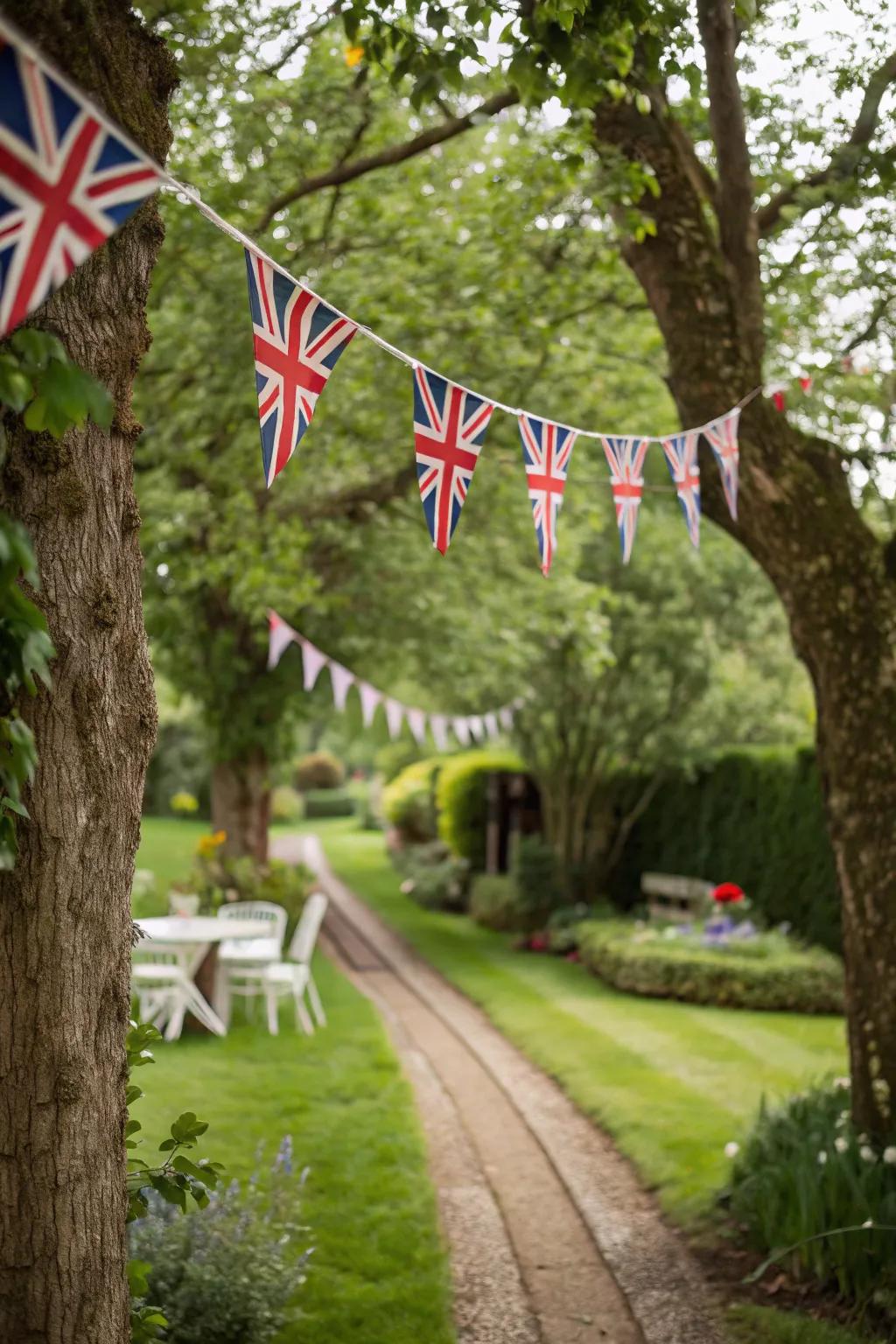 Britannia bunting introducing a celebratory detail to a garden setting.