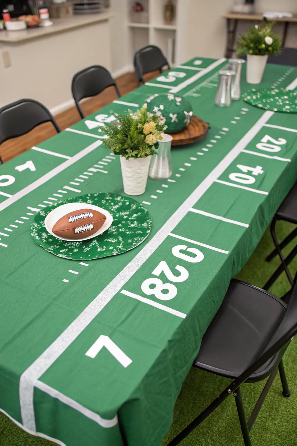 A table fashioned as a football field for the festivities.