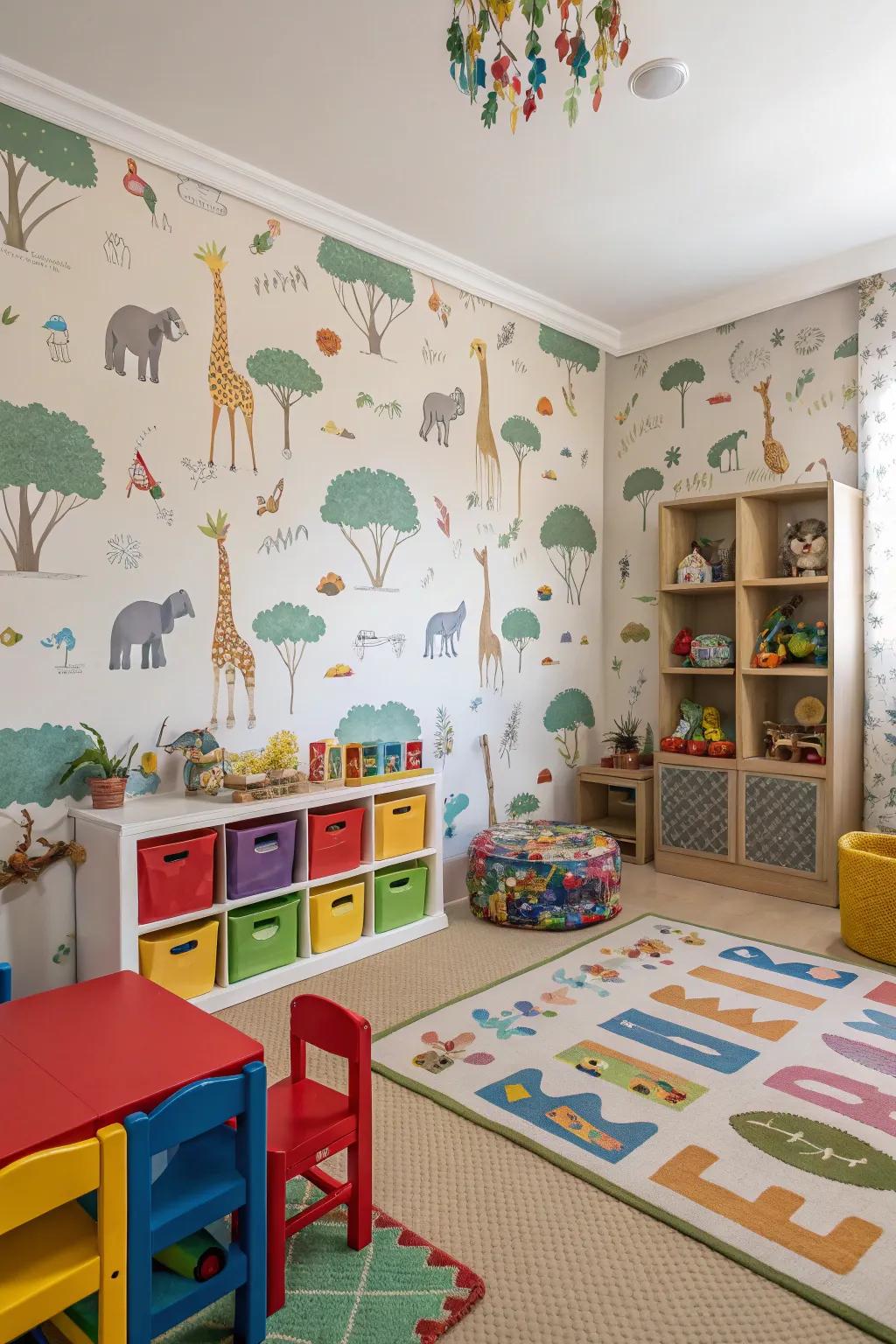 A playroom showcasing lively animal-themed wall covering that encourages discovery.