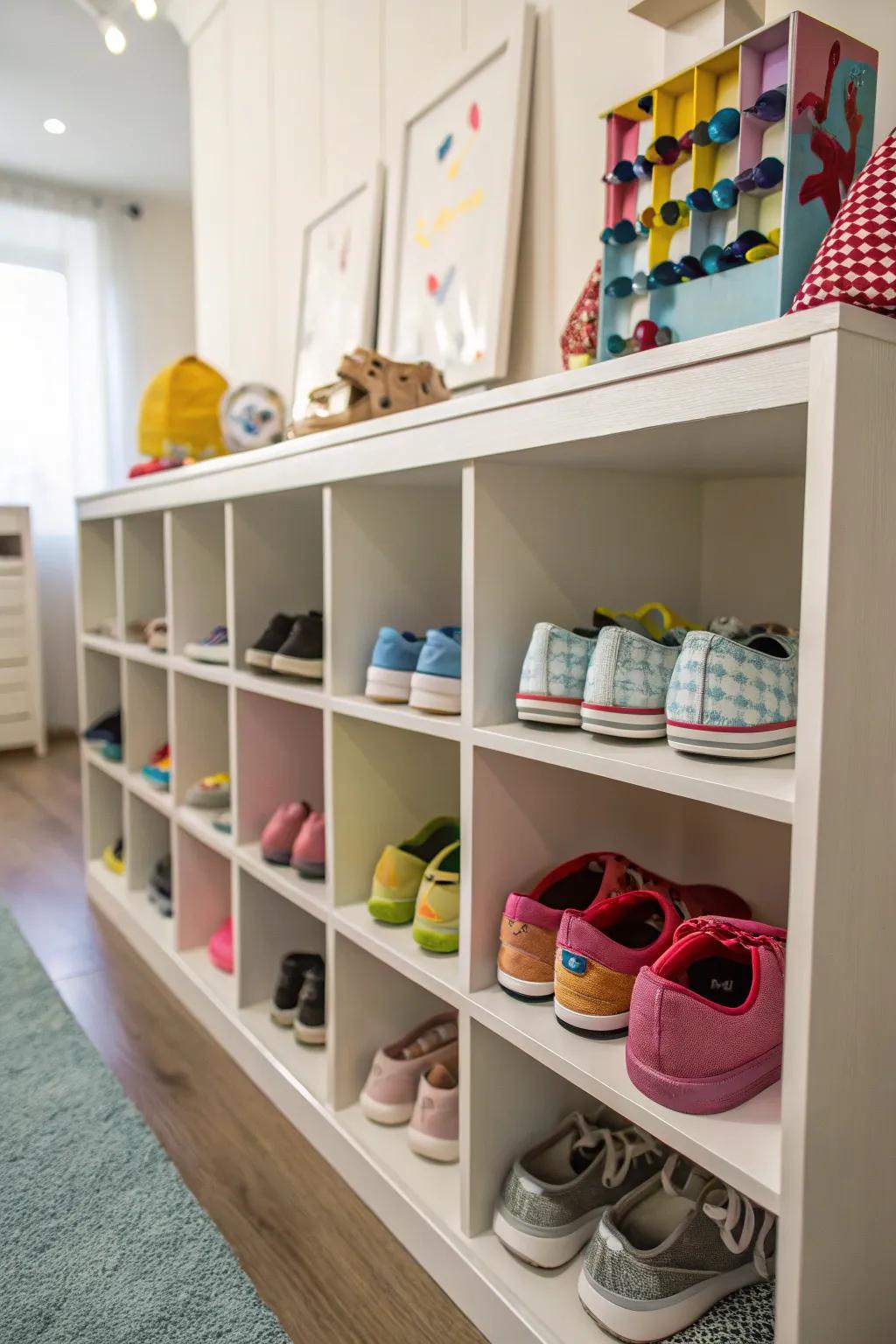Cubby shelves make organizing effortless for kids.
