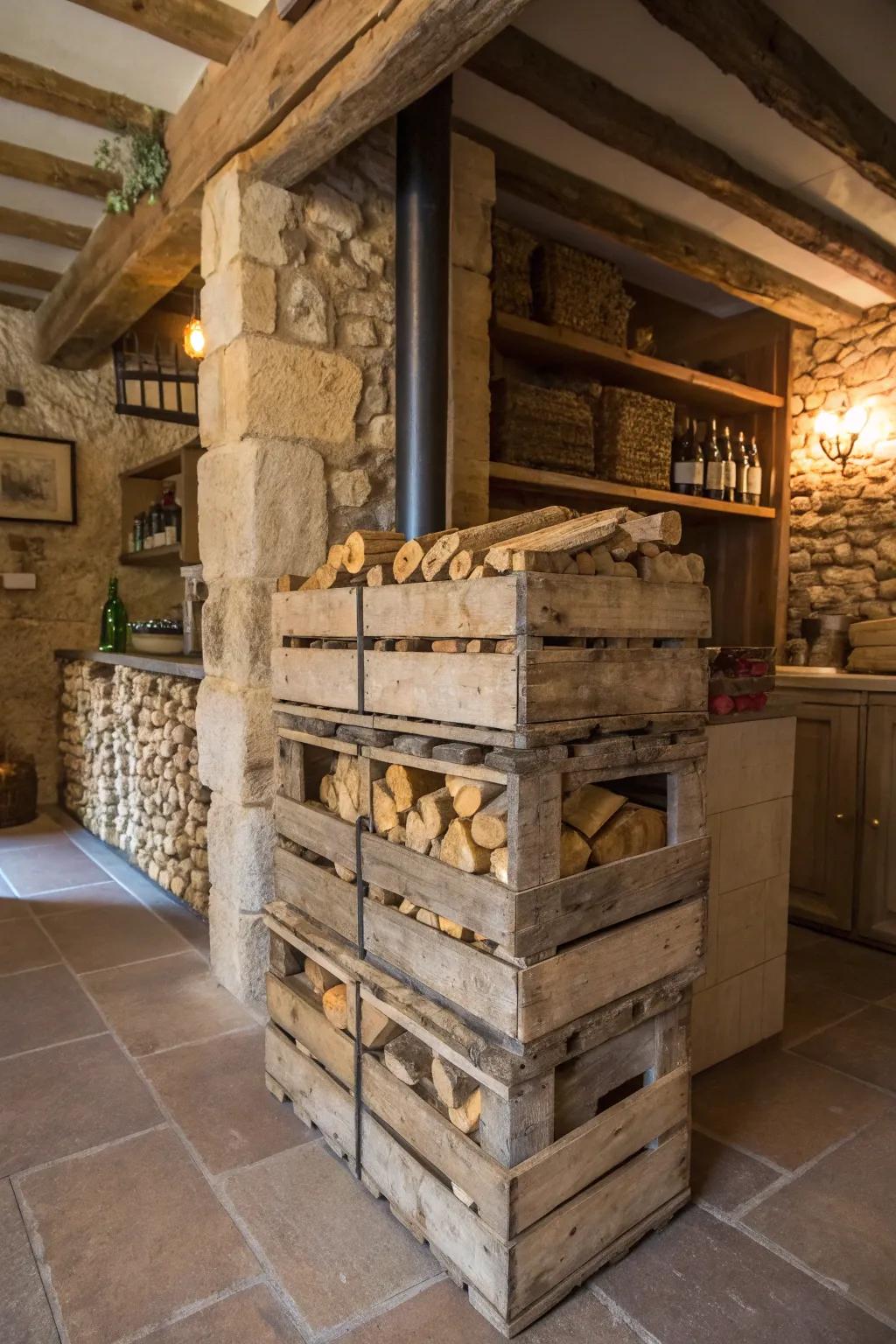 Add a vintage touch to your kindling storage using repurposed wine crates.
