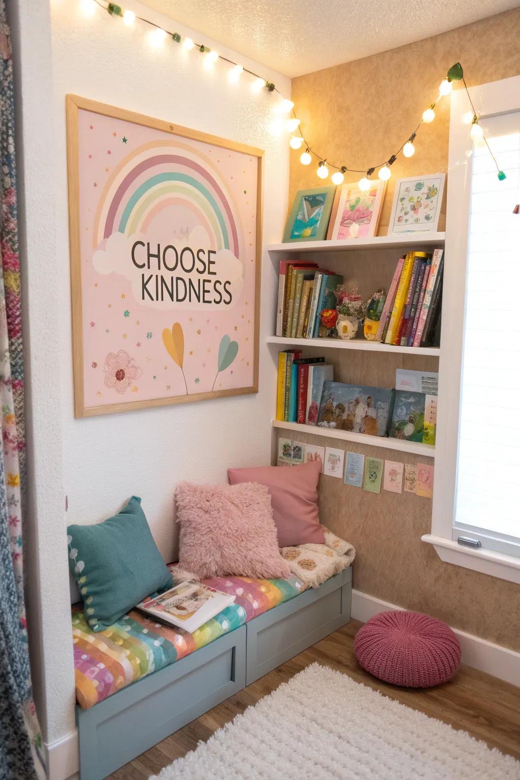 A snug corner highlights a 'Choose Kindness' themed bulletin board with soft pastel shades.