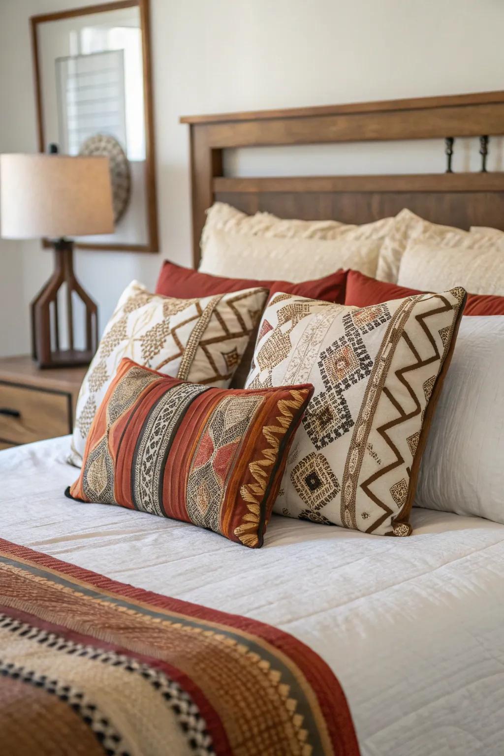 A variety of cushions introduces color and pattern to enhance this king-sized bed.