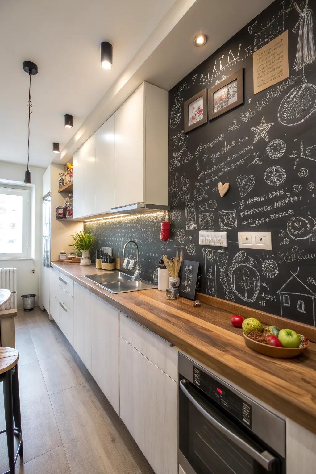Blackboard paint gives a personal element to your kitchen backsplash.