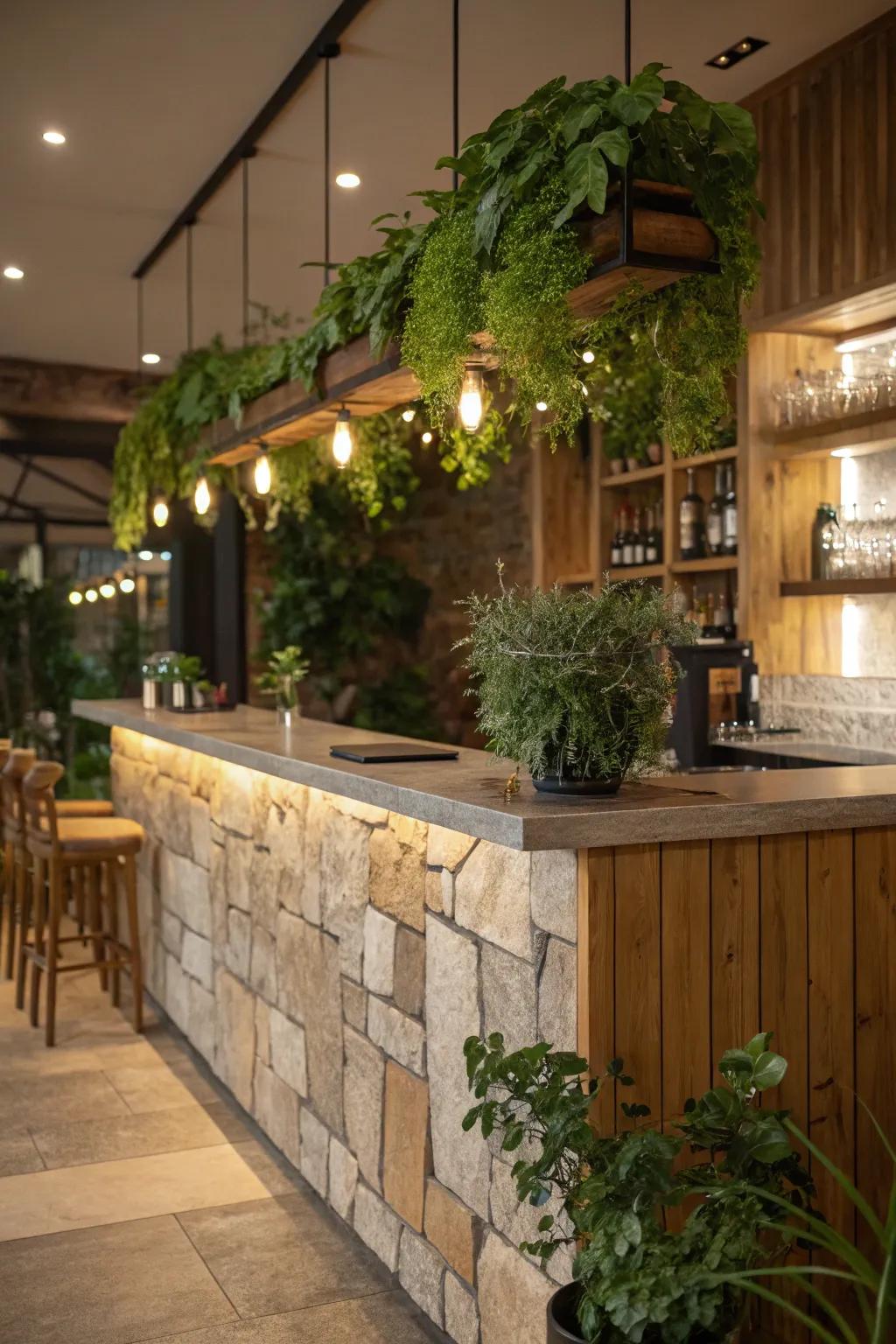 Experience warmth and elegance with a wood and stone kitchen bar.