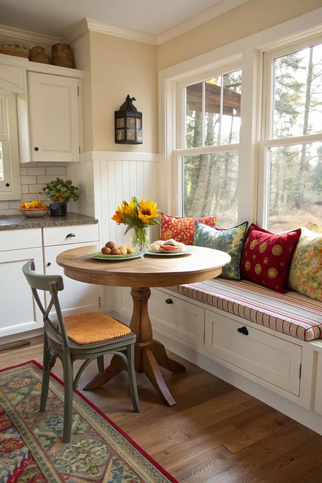 A compact breakfast nook fashions an inviting dining space.