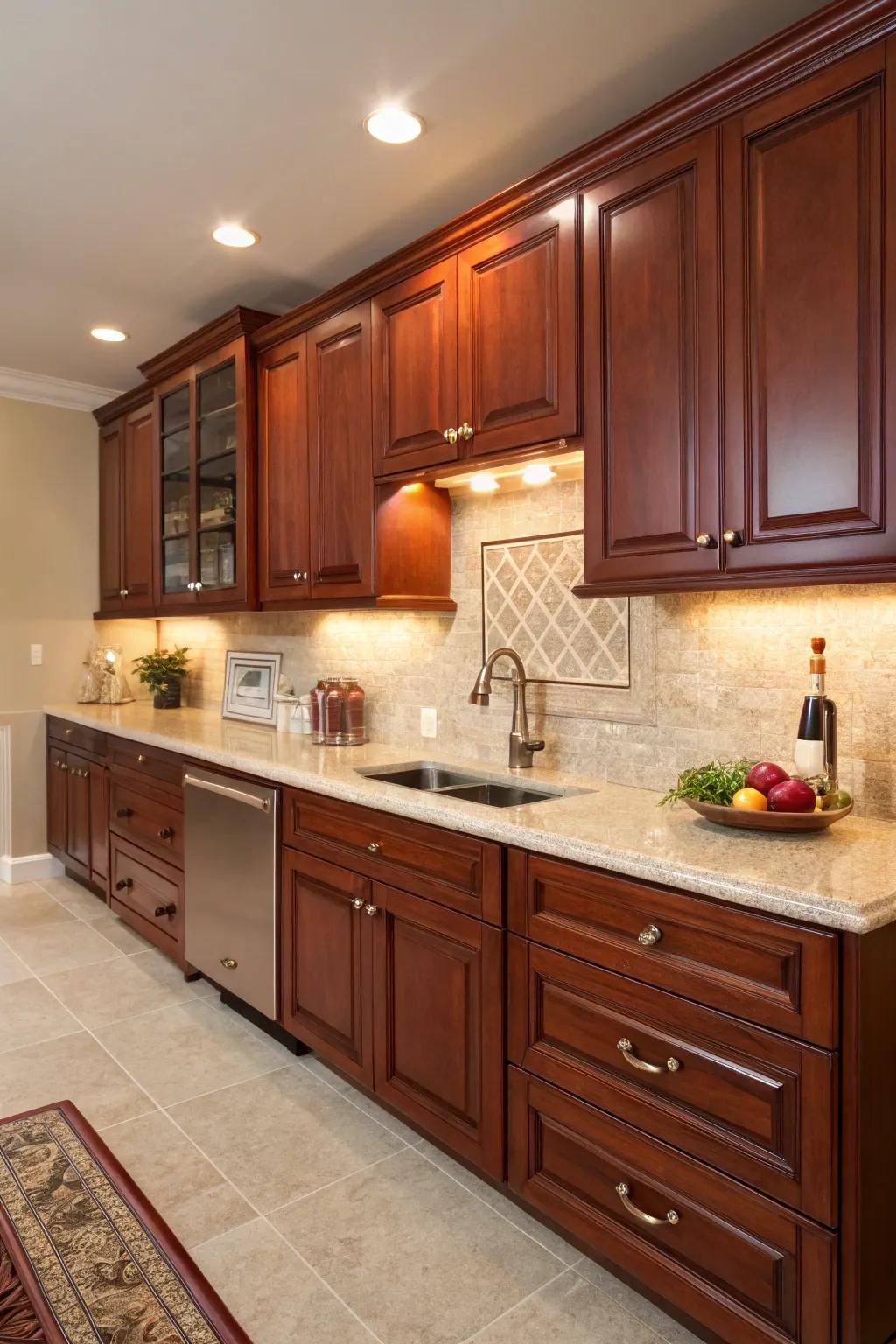 Cherry wood cabinets bring comfort and luxury to your kitchen.