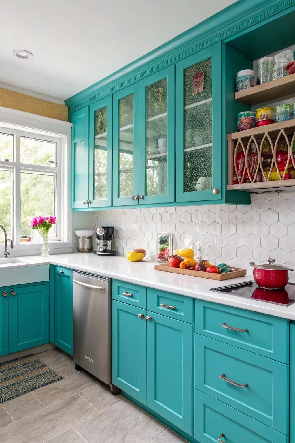 Pigmented surfaces provide a lively and bespoke aesthetic for your cooking area.