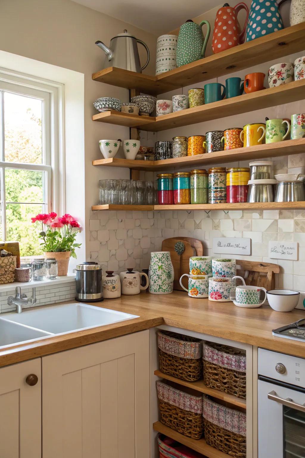 Exposed shelves above a coffee area displaying mugs and coffee necessities.